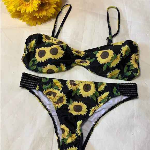BLACK SUNFLOWER PRINT LINED BIKINI SWIMSUIT - Picture 5 of 8